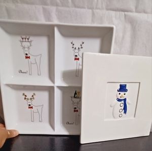 2 pcs. Crate&Barrel Trivet & BIA Reindeer Cheers Stoneware  serving platter